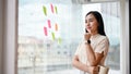 A thoughtful Asian businesswoman planning her work while looking at sticky notes on a glass wall Royalty Free Stock Photo