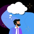 Thoughtful bearded business man with speech bubble on dark background. Man is looking for inspiration above modern dynamical