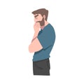 Thoughtful Bearded Man, Guy with Pensive Face Expression, Human Emotions and Feelings Concept Cartoon Vector