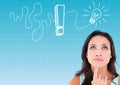 Thoughtful beautiful woman with drawn exclamation mark and illuminated bulb Royalty Free Stock Photo