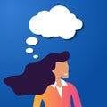 Thoughtful beauty girl with a speech bubble on a blue background. Woman is looking for inspiration