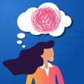 Thoughtful beauty girl with speech bubble and tangled line inside on blue background. concept of chaotic thought process, Royalty Free Stock Photo