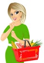 Thoughtful blonde woman holding an empty shopping basket Royalty Free Stock Photo