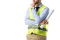 Thoughtful builder in reflective vest holding blueprint