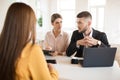 Thoughtful business man with laptop and business woman with pencil and folder in hands thoughtfully consulting together