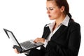 Thoughtful business woman looks in laptops screen Royalty Free Stock Photo