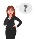 Thoughtful business woman is thinking, in the thought bubble question mark appearing. Royalty Free Stock Photo