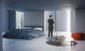 Thoughtful businessman in concrete bedroom