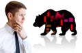 Thoughtful businessman imagine bear over white background. Royalty Free Stock Photo