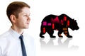 Thoughtful businessman imagine bear over white background. Royalty Free Stock Photo