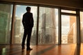 Thoughtful businessman looking out of big window at sunset city Royalty Free Stock Photo