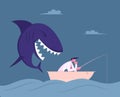 Thoughtful Businessman Sitting in Boat with Fishing Rod Catching Fish in Ocean, Huge Shark Sneak Up to him from Back