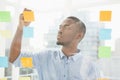 Thoughtful businessman writing on sticky notes on window Royalty Free Stock Photo