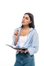 thoughtful businesswoman holding pen and notebook Royalty Free Stock Photo