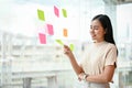 A thoughtful businesswoman planning her work while looking at the sticky notes on a glass wall Royalty Free Stock Photo