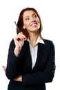 Thoughtful businesswoman woman holding pen Royalty Free Stock Photo