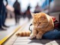 the thoughtful cat on train platform Royalty Free Stock Photo