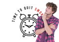 Thoughtful caucasian man against clock icon with time to quit smoking text on white background Royalty Free Stock Photo
