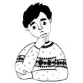 Thoughtful cute man in a sweater. Pensive or thinking young man. Vector illustration. Linear decorative doodle, outline