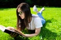 Thoughtful student girl reading in park