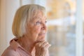 Thoughtful elderly lady with hand to chin