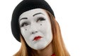 Thoughtful female mime on white. Close view on face of actress