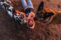 Thoughtful female owner with dog on coastline Royalty Free Stock Photo