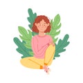 Thoughtful Female Sitting on the Ground with Floral Leaves Behind Vector Illustration