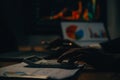 Thoughtful focused successful caucasian male stock investor, broker, financial adviser, sits at work desk, looks at computer, Royalty Free Stock Photo