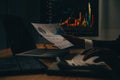 Thoughtful focused successful caucasian male stock investor, broker, financial adviser, sits at work desk, looks at computer, Royalty Free Stock Photo