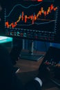 Thoughtful focused successful caucasian male stock investor, broker, financial adviser, sits at work desk, looks at computer, Royalty Free Stock Photo