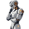 futuristic humanoid robot in deep thought with glowing orange circuits and mechanical details on white background Royalty Free Stock Photo