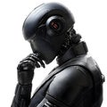futuristic black robot in deep thought with mechanical hand on chin isolated on white background side view Royalty Free Stock Photo