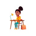 thoughtful girl sitting at desk thinking about math problem cartoon vector