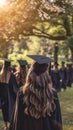 A thoughtful graduate stands among peers, contemplating the future in the calm of a tree-lined graduation ceremony. Royalty Free Stock Photo