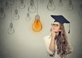 Thoughtful graduate student young woman in cap looking at bright light bulb