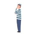 Thoughtful Male Prisoner Character in Striped Clothing, Man Playing Quest Reality Game Vector Illustration