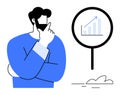 Thoughtful Man Analyzing a Rising Graph Through a Magnifying Glass Royalty Free Stock Photo