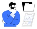 Man Contemplating Data Insights with Folder and Graph Clipboard Royalty Free Stock Photo