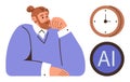 Thoughtful man contemplating artificial intelligence and time management with clock and AI symbol Royalty Free Stock Photo