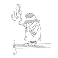 Thoughtful man, in a hat and coat, smokes a pipe and music and notes are formed from the smoke