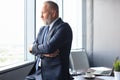 Thoughtful mature business man in full suit looking away while standing near the window Royalty Free Stock Photo