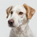 Closeup of mixed breed dog on white background.