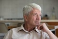 Thoughtful older age grandpa sit on couch look far away Royalty Free Stock Photo