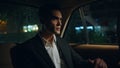 Thoughtful passenger looking rainy window riding car closeup. Business man auto Royalty Free Stock Photo