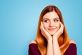 Thoughtful people person concept. Close up photo portrait of nice gentle lovely cheerful calm girl waiting for wish come Royalty Free Stock Photo