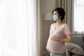 Thoughtful pregnant woman wearing medical mask looking in window