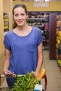 Thoughtful pretty woman pushing trolley Royalty Free Stock Photo