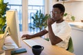 Thoughtful web developer work on computer, programmer trying to find solution for bug in app code