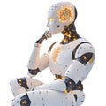 futuristic humanoid robot sitting in a thoughtful pose with glowing circuits and neural network connections visible inside Royalty Free Stock Photo
